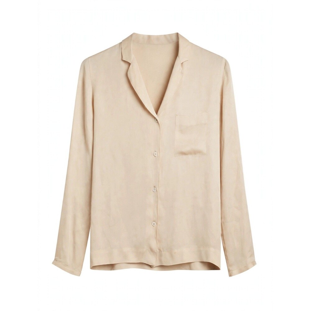 Forte Forte Beige Silk Satin Button-Up Collared Long Sleeve Blouse Size II